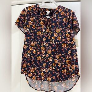 Hinge Abstract Floral Blouse Navy Red and Yellow 
Nordstrom NWT Size XS
